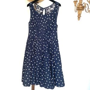 Anthropologie Navy Polka Dot Dress with Lace Back